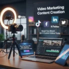 A camera, ring light, and laptop with editing software sit on a desk. A tablet and phone promote Video Marketing Content Creation—get 5 custom videos to boost your brand! Social media icons highlight content creation and marketing.