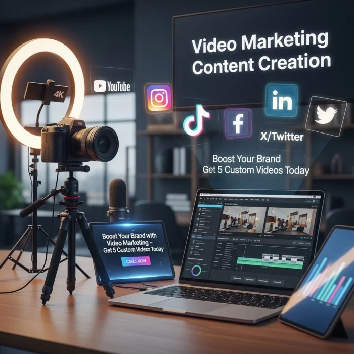 A camera, ring light, and laptop with editing software sit on a desk. A tablet and phone promote Video Marketing Content Creation—get 5 custom videos to boost your brand! Social media icons highlight content creation and marketing.