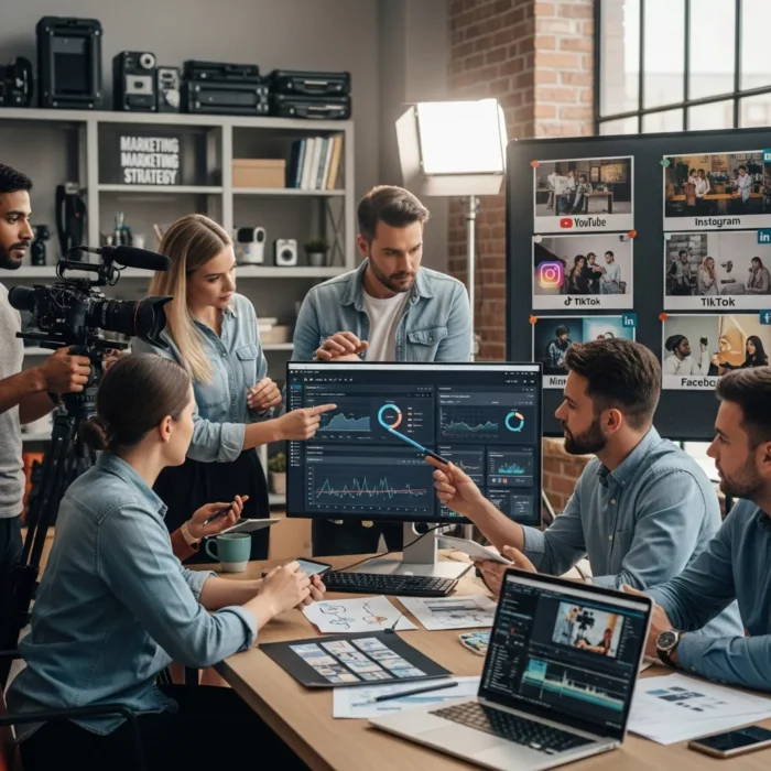 A team uses Video Marketing Content Creation in a modern office, analyzing social media metrics for Instagram and TikTok on screens and a board as two people film, highlighting strategic content planning.