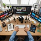 A person sits at a neat desk using Video Marketing Content Creation: three monitors show social media, video editing, and analytics. Cameras, mics, ring lights, plants, and a “Video Marketing Strategy” notepad complete the workspace.