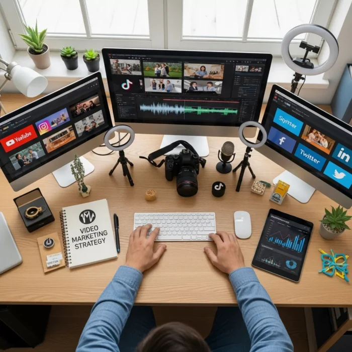 A person sits at a neat desk using Video Marketing Content Creation: three monitors show social media, video editing, and analytics. Cameras, mics, ring lights, plants, and a “Video Marketing Strategy” notepad complete the workspace.