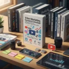 A desk with the essentials for video marketing: cameras, a smartphone, colored sticky notes, a tablet, and "Video Marketing Content Creation"—a book featuring social media logos and analytic icons.