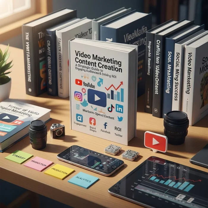 A desk with the essentials for video marketing: cameras, a smartphone, colored sticky notes, a tablet, and "Video Marketing Content Creation"—a book featuring social media logos and analytic icons.