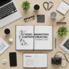 A desk with a laptop, camera, smartphone, plants, coffee cups, office supplies, and open books. The main book reads "Video Marketing Content Creation," highlighting a tidy workspace for content creation and video marketing.