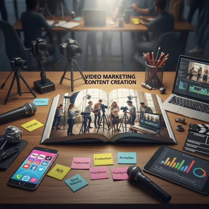 A desk displays cameras, a laptop editing video, a smartphone with social media apps, content-themed sticky notes, a microphone, and an open magazine showing video production. "Video Marketing Content Creation" is centered above.