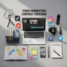 A workspace featuring a laptop with video editing software, camera, mic, ring light, books on content creation and video marketing, social media icons, planner, sticky notes, and a strategy sheet—highlighting Video Marketing Content Creation.