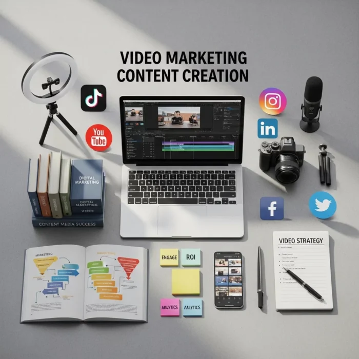 A workspace featuring a laptop with video editing software, camera, mic, ring light, books on content creation and video marketing, social media icons, planner, sticky notes, and a strategy sheet—highlighting Video Marketing Content Creation.