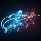A young man in a futuristic suit leaps forward alongside his glowing blue digital double. Dynamic energy trails highlight motion graphics from Animation & Motion Graphics, set against a dark backdrop to showcase the synergy of technology and action.