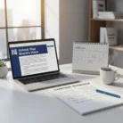 A modern desk with a laptop showing “Unlock Your Brand’s Voice,” an October 2024 calendar, coffee, and Blog & Article Writing notes with a blue pen, set by a window overlooking city buildings.
