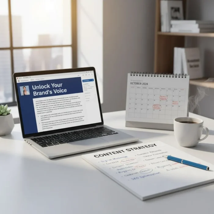 A modern desk with a laptop showing “Unlock Your Brand’s Voice,” an October 2024 calendar, coffee, and Blog & Article Writing notes with a blue pen, set by a window overlooking city buildings.