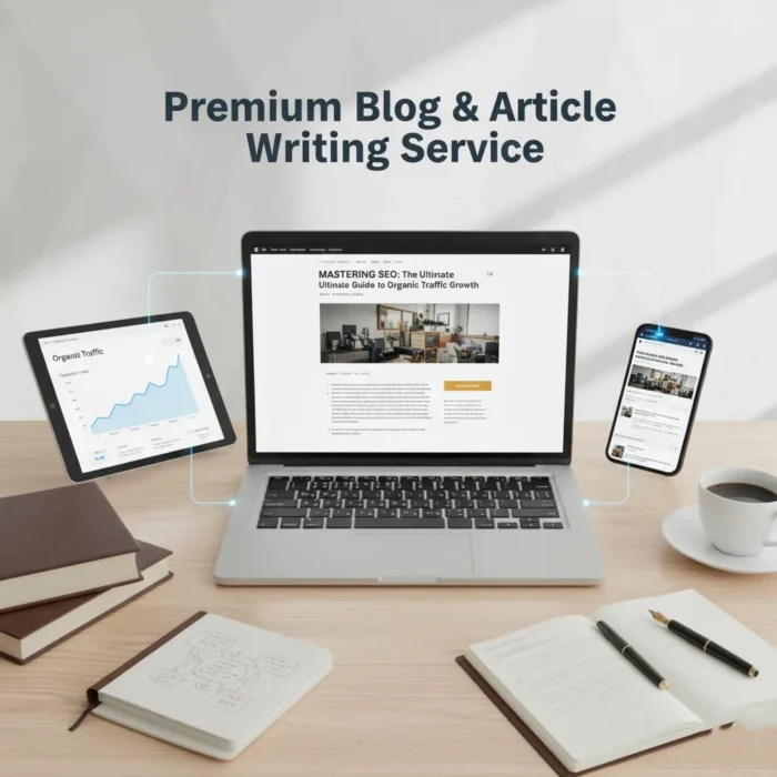 A workspace features a laptop with the Blog & Article Writing dashboard, a tablet displaying an organic traffic chart, and a phone with a social post. Notebooks, pen, and coffee sit nearby. Above: "Premium Blog & Article Writing Service.