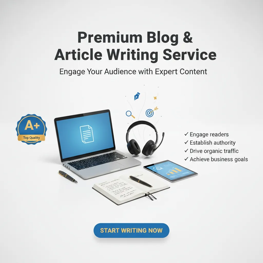 A white desk displays a laptop, tablet, smartphone, headphones, notebook, and pen. Above, “Blog & Article Writing” highlights expert writing services, a checklist of benefits, and an A+ badge.