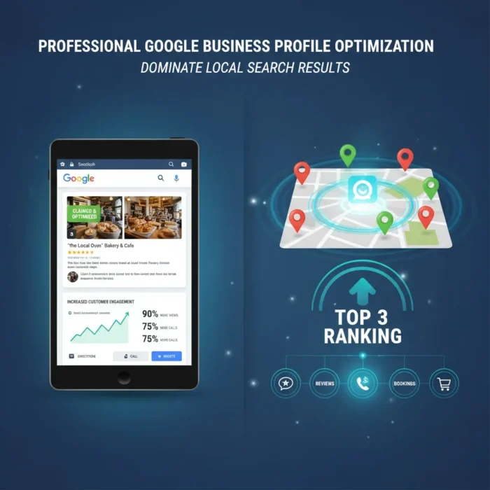 A digital graphic features a tablet with a bakery’s Google Business Profile and a pinned map. Text reads “Business Profile Optimization—Dominate Local Search” and highlights “Top 3 Ranking,” with icons for reviews, bookings, and rankings below.