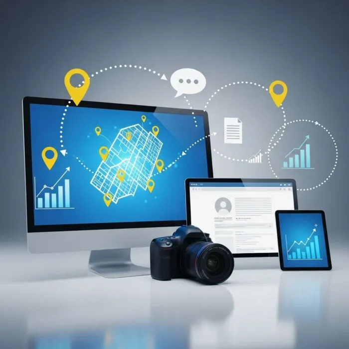 A desktop monitor, laptop, and tablet display graphs, maps, and network icons. A camera in front symbolizes digital data collection for Business Profile Optimization, highlighting connectivity through networking and analytics.