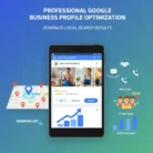 A graphic displays a tablet with a Google profile for "Local Pro Plumbing," surrounded by icons for calls, ranking, reviews, and views—showcasing Business Profile Optimization to improve your local search performance.