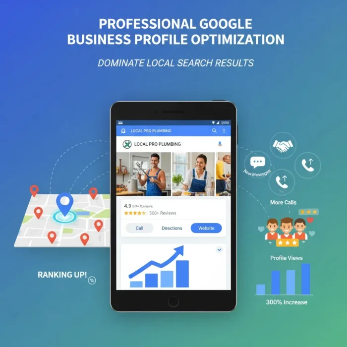 A graphic displays a tablet with a Google profile for "Local Pro Plumbing," surrounded by icons for calls, ranking, reviews, and views—showcasing Business Profile Optimization to improve your local search performance.