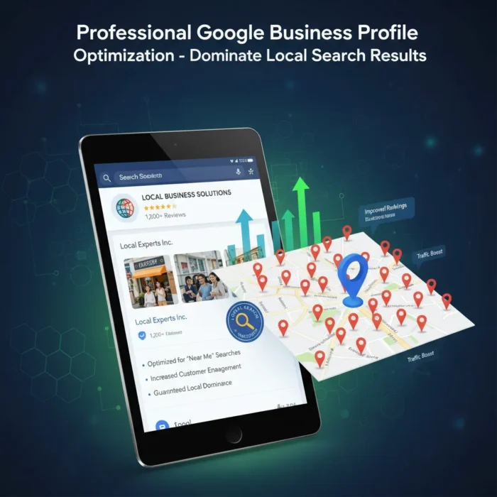 A digital tablet shows the Business Profile Optimization service for "Local Experts Inc." with a local map of red pins, a large blue pin, and text about improved rankings, local domination, and increased customer engagement.