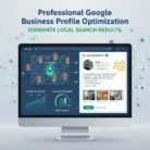 A computer screen shows a Google business profile with a map, ranking icons, engagement charts, and business listing. Text above reads: "Business Profile Optimization. Dominate local search results.