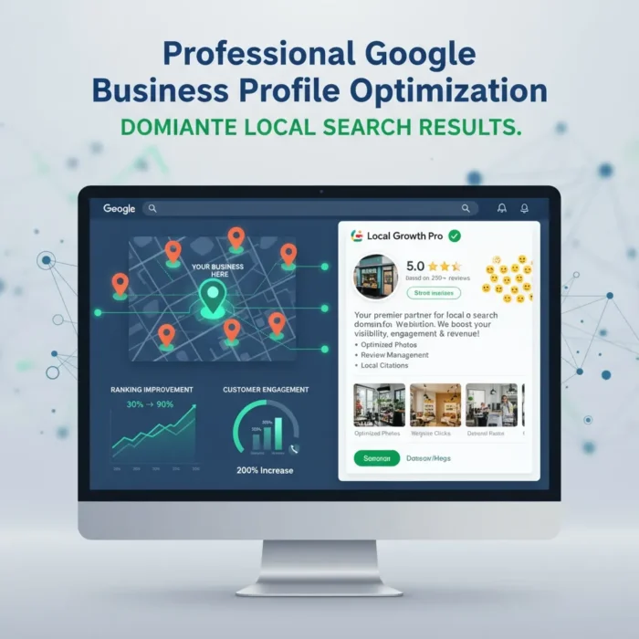 A computer screen shows a Google business profile with a map, ranking icons, engagement charts, and business listing. Text above reads: "Business Profile Optimization. Dominate local search results.