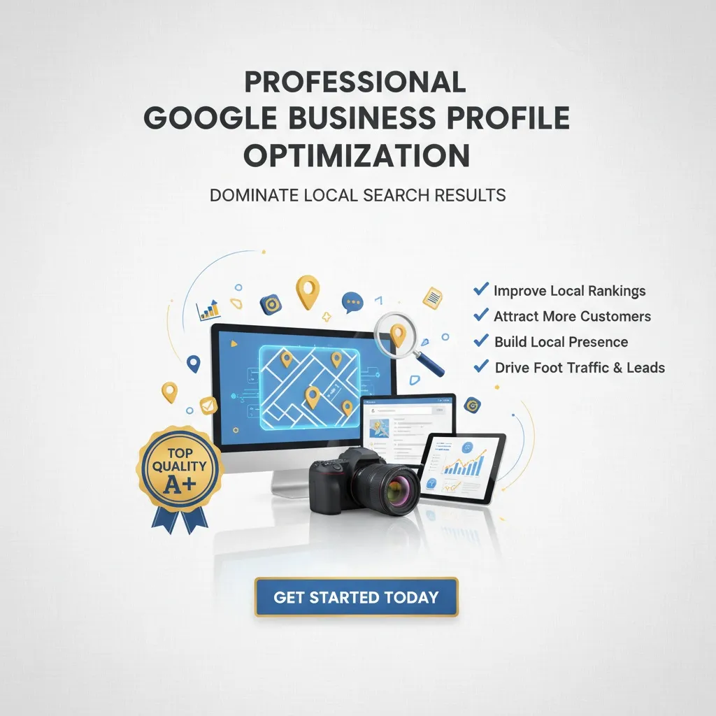 An ad for Business Profile Optimization shows a monitor, camera, smartphone, and graphs on a light gray background. Text promotes better rankings and customer attraction. A blue "Get Started Today" button and an A+ badge are displayed.
