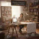In a cozy, book-filled room, a person uses Character Development & Dialogue Writing amid laptops, comics, sketches, and notes. Warm lights and sunlight enhance the creative space as ideas for characters and dialogue come to life.