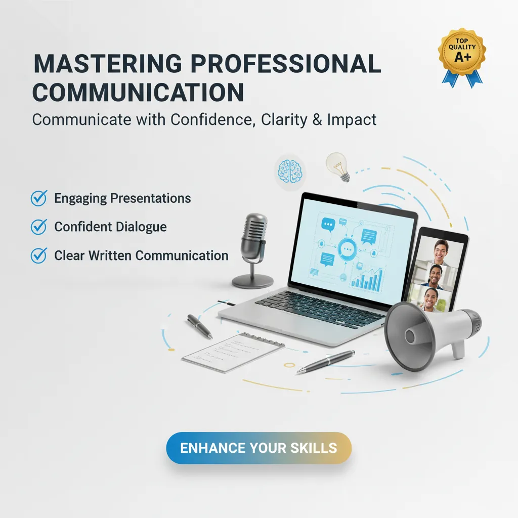 A digital graphic for "Communication Skills Training" shows a laptop with charts and a video call, plus a microphone, megaphone, clipboard, and pencil. A blue “Enhance Your Skills” button stands out, ideal for improving communication.
