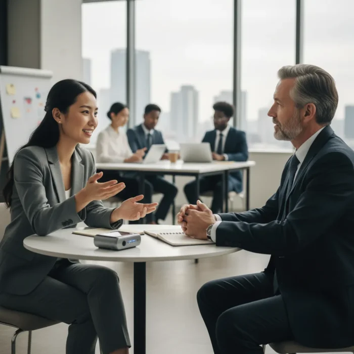 Two professionals in business attire at a round table demonstrate skills from Communication Skills Training. The woman gestures while speaking as the man listens, while colleagues collaborate by tall windows overlooking the city.