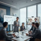 A businesswoman showcases skills from Communication Skills Training as she presents to four colleagues in a modern office. Charts, laptops, papers, a plant, and a screen with two remote participants are visible in the conference room.