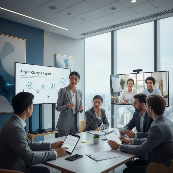 A businesswoman showcases skills from Communication Skills Training as she presents to four colleagues in a modern office. Charts, laptops, papers, a plant, and a screen with two remote participants are visible in the conference room.