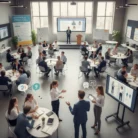 Experience Communication Skills Training in a bright, modern workshop: groups collaborate at round tables, guided by a presenter with digital charts. Attendees consult tablets and take notes, promoting active skill development.