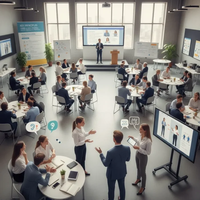 Experience Communication Skills Training in a bright, modern workshop: groups collaborate at round tables, guided by a presenter with digital charts. Attendees consult tablets and take notes, promoting active skill development.