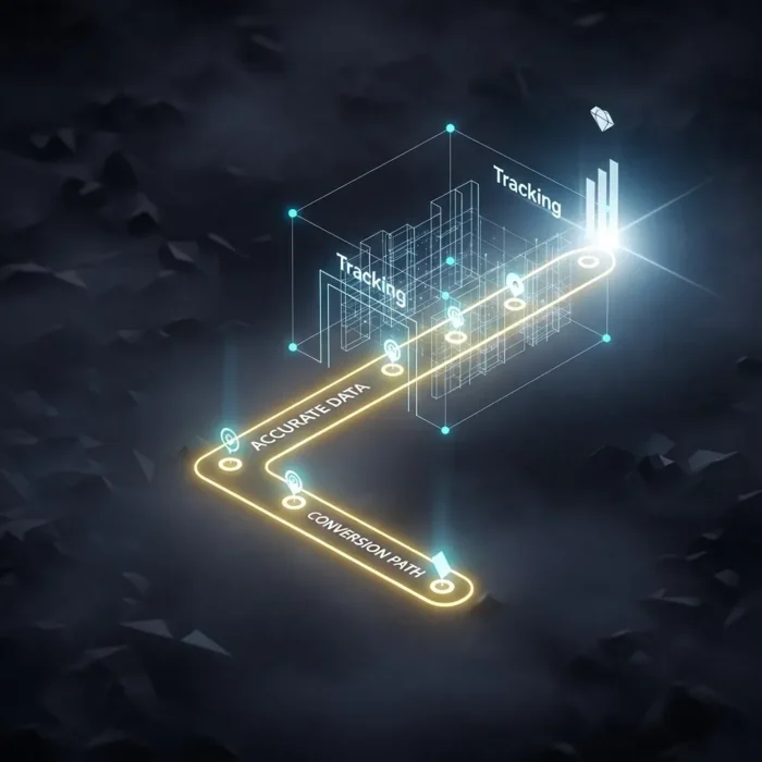 A glowing digital pathway labeled “Accurate Data” leads to “Conversion Path,” with blue markers and a transparent 3D chart marked “Conversion Tracking Implementation” (Product Name), set against a dark, cloudy backdrop with bright, illuminated graphics.