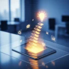 A tablet on a desk shows glowing steps rising to a bright lightbulb, surrounded by digital icons—like chat bubbles and graphs—in a modern office, illustrating the impact of Corporate Training Videos on idea generation and professional growth.