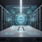 A futuristic server room with rows of servers lines a meeting table, where a holographic interface above displays "Database Design and Management" and icons orbit a central core, highlighting advanced database solutions.