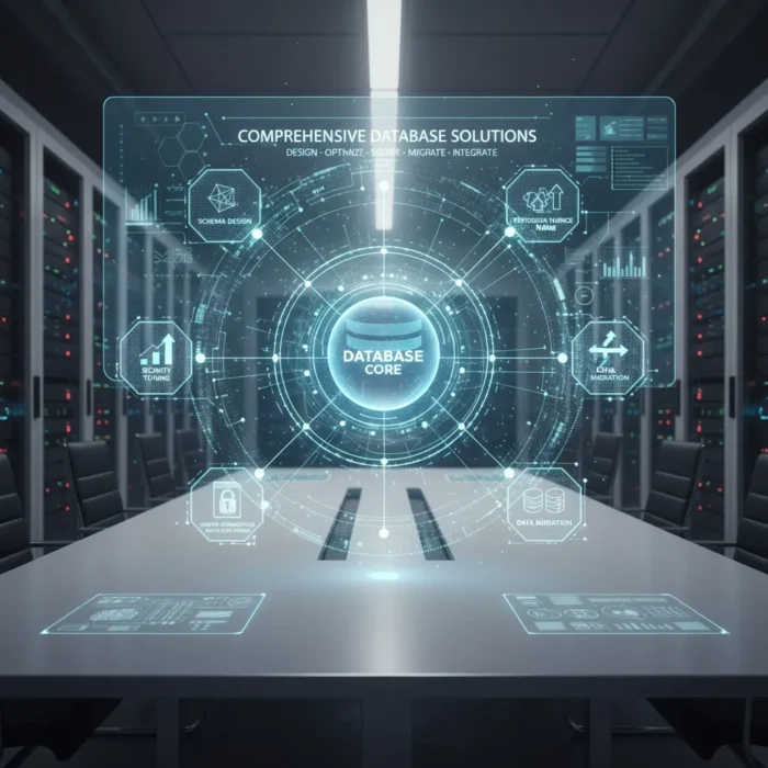 A futuristic server room with rows of servers lines a meeting table, where a holographic interface above displays "Database Design and Management" and icons orbit a central core, highlighting advanced database solutions.