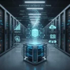 A futuristic data center with glowing servers. In front, a cube emits digital holograms of icons and terms like "Schema Design," "Performance Optimization," and "Data Migration." Text reads "Database Design and Management.