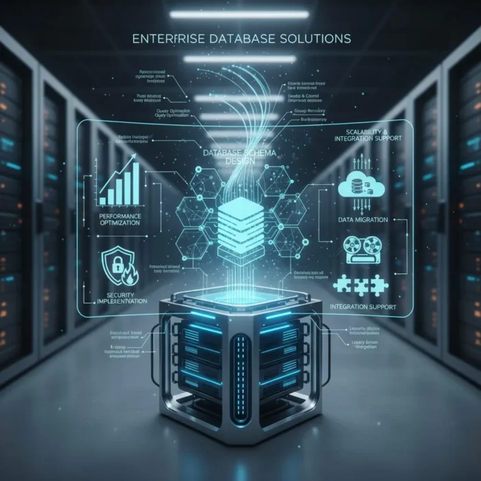 A futuristic data center with glowing servers. In front, a cube emits digital holograms of icons and terms like "Schema Design," "Performance Optimization," and "Data Migration." Text reads "Database Design and Management.