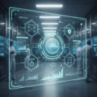 A futuristic server room with scientists in lab coats features a transparent digital interface displaying "Database Design and Management," alongside charts, data flow diagrams, and icons for database management, security, performance, and optimization.