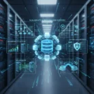 A glowing database icon represents Database Design and Management, surrounded by holographic panels labeled schema design, management, optimization, migration, and security. Server racks in the background highlight core data management concepts.
