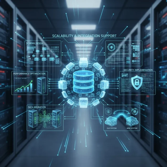A glowing database icon represents Database Design and Management, surrounded by holographic panels labeled schema design, management, optimization, migration, and security. Server racks in the background highlight core data management concepts.