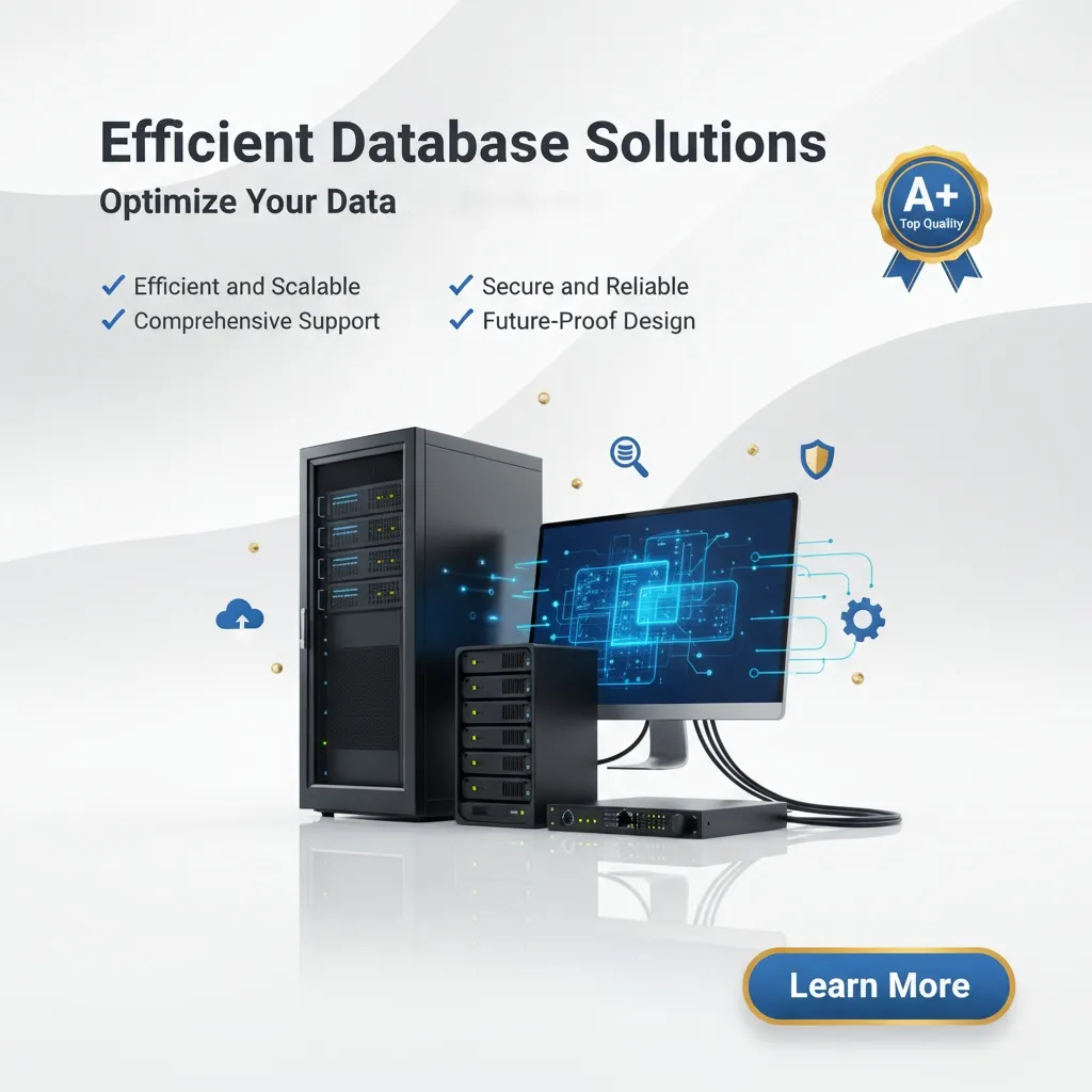 A digital ad for Database Design and Management displays servers, a monitor with a database icon, and text: “Efficient Database Design & Management. Optimize Your Data.” Features: scalability, support, security, future-proof. Includes “Learn More” button and A+ quality badge.