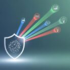 A glowing shield with a network pattern emits five colored beams linking to data, teamwork, business, ideas, and solutions icons—illustrating how Dedicated Account Management Services protect clients with expert support.