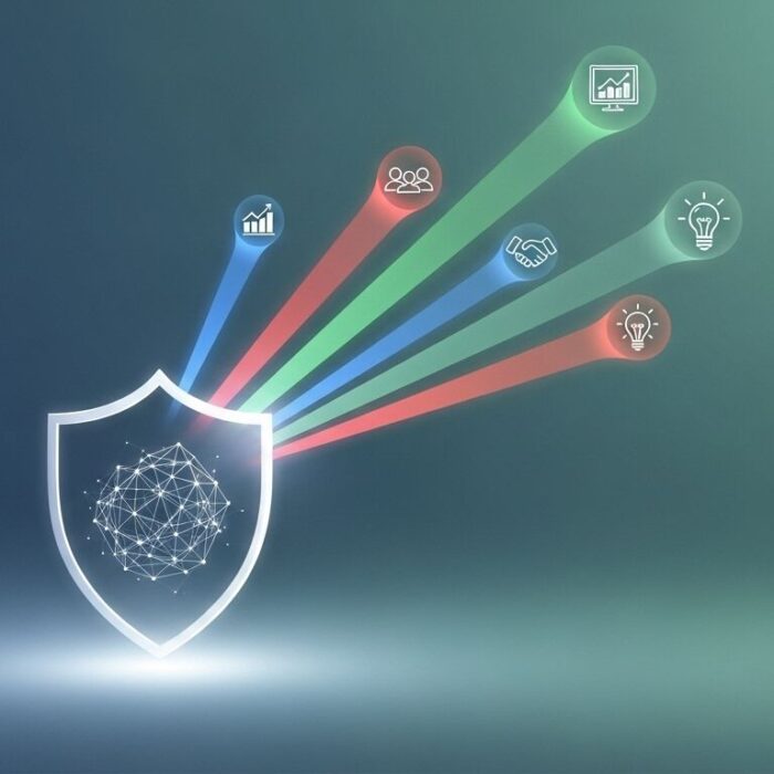 A glowing shield with a network pattern emits five colored beams linking to data, teamwork, business, ideas, and solutions icons—illustrating how Dedicated Account Management Services protect clients with expert support.