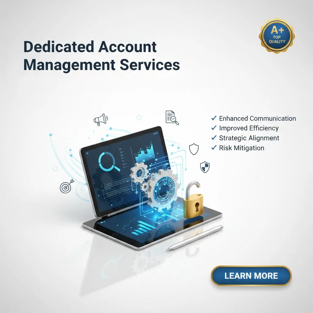 A tablet and laptop display digital security graphs with a gold padlock and gears, showcasing Dedicated Account Management Services. Visible are a blue "Learn More" button and a "Top Quality" badge, emphasizing the product's benefits.