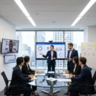 A businesswoman presents charts on Dedicated Account Management Services to five colleagues in a modern conference room. One joins via video call. The room has large windows with a city view, laptops, and a whiteboard with diagrams.