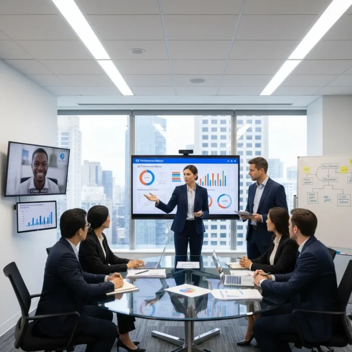 A businesswoman presents charts on Dedicated Account Management Services to five colleagues in a modern conference room. One joins via video call. The room has large windows with a city view, laptops, and a whiteboard with diagrams.