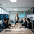 A businesswoman presents to four colleagues in a sleek, modern conference room. Large screens show graphs and remote video-call participants. Caption: "Dedicated Account Management Services." The setting is professional and efficient.