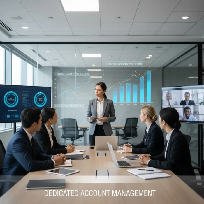 A businesswoman presents to four colleagues in a sleek, modern conference room. Large screens show graphs and remote video-call participants. Caption: "Dedicated Account Management Services." The setting is professional and efficient.