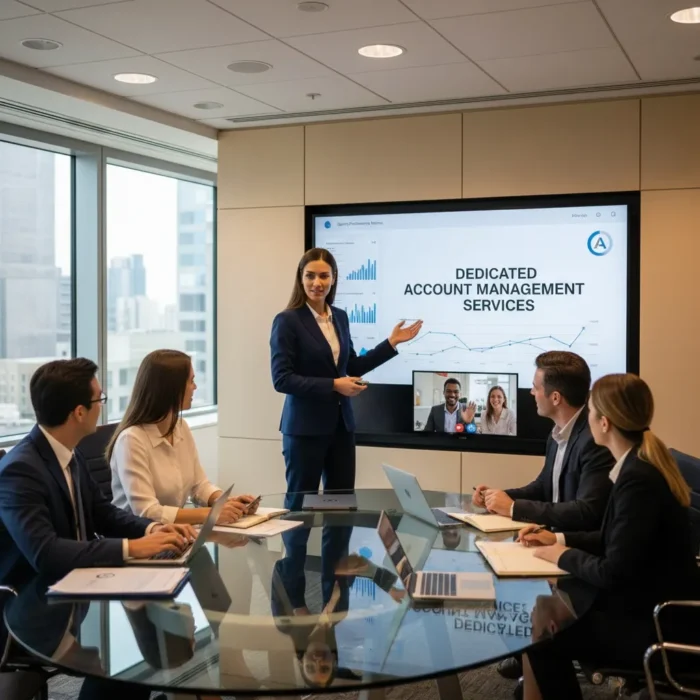 A woman in a suit presents Dedicated Account Management Services on a large screen to four colleagues at a glass conference table, with two joining remotely via video call. Laptops, notebooks, and city buildings are visible in the background.
