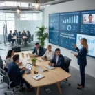 In a modern office, six professionals discuss "Dedicated Account Management Services" as a woman presents key data on digital screens, while another group in the background talks about account management solutions.